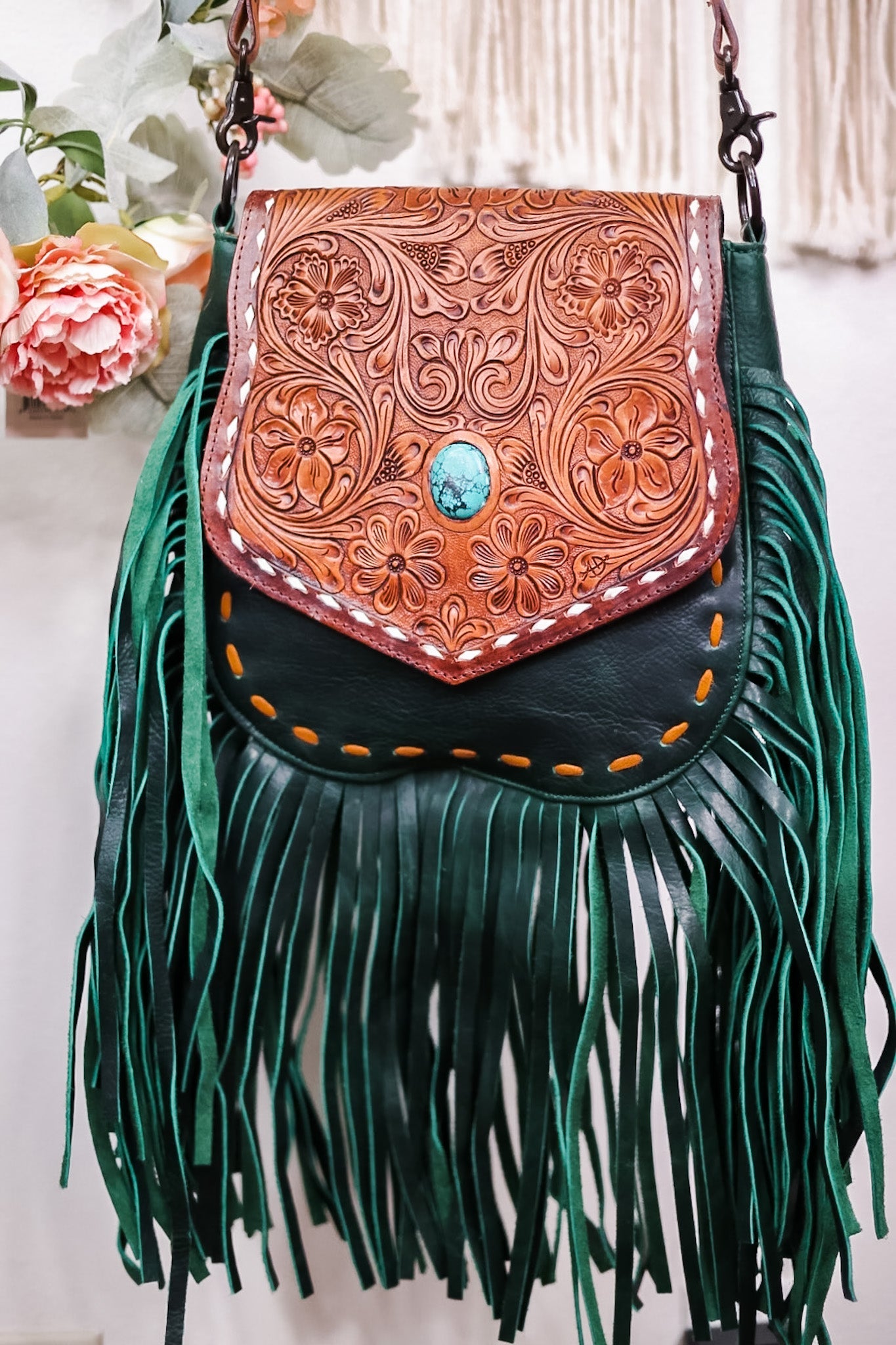 Emerald Green Leather Cross body Bag with Fringe - Whiskey Skies - AMERICAN DARLING