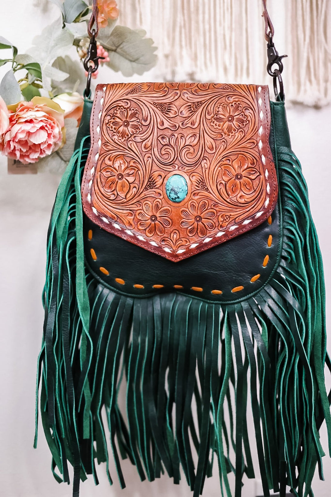 Emerald Green Leather Cross body Bag with Fringe - Whiskey Skies - AMERICAN DARLING