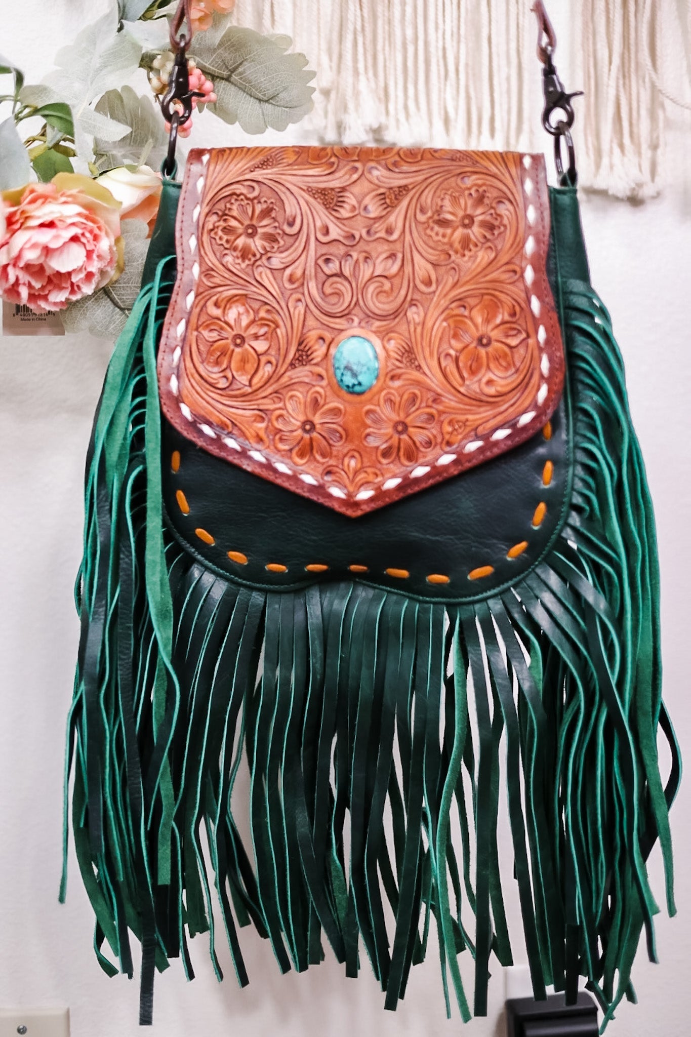 Emerald Green Leather Cross body Bag with Fringe - Whiskey Skies - AMERICAN DARLING