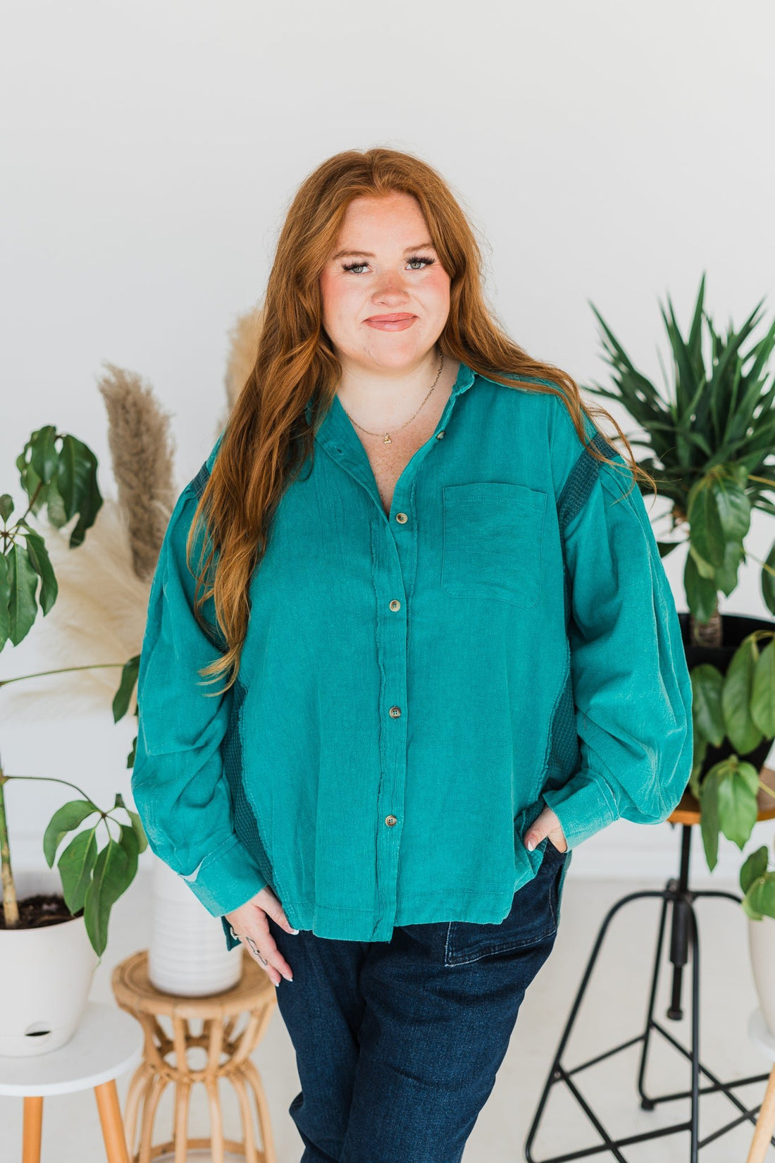 Emerald Washed Button Down Top - Whiskey Skies - ODDI