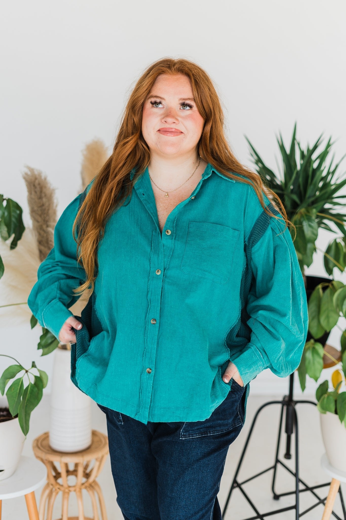 Emerald Washed Button Down Top - Whiskey Skies - ODDI