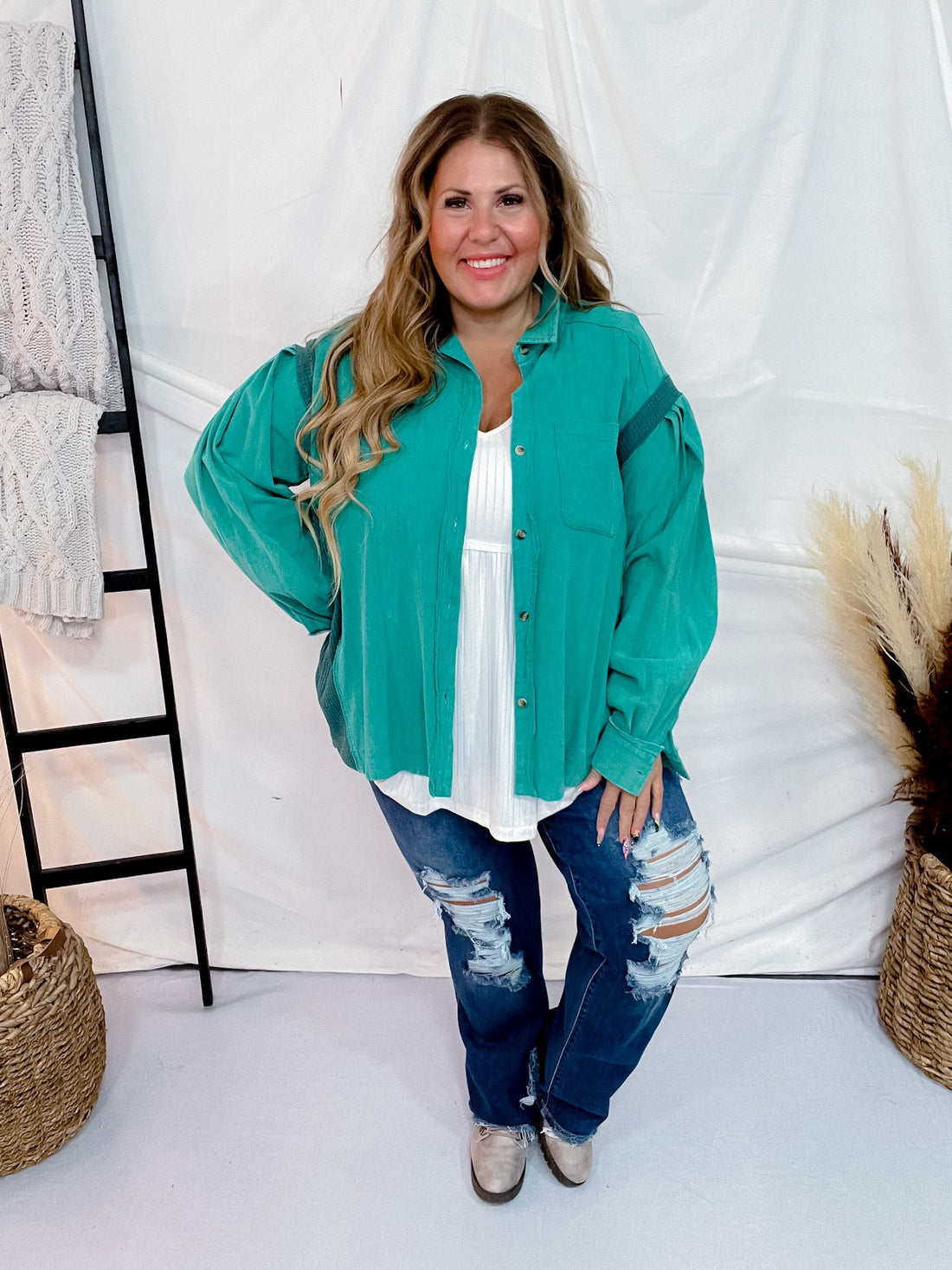 Emerald Washed Button Down Top - Whiskey Skies - ODDI