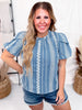 Emroidered Denim Double Layered Balloon Sleeves Blouse - Whiskey Skies - BIBI