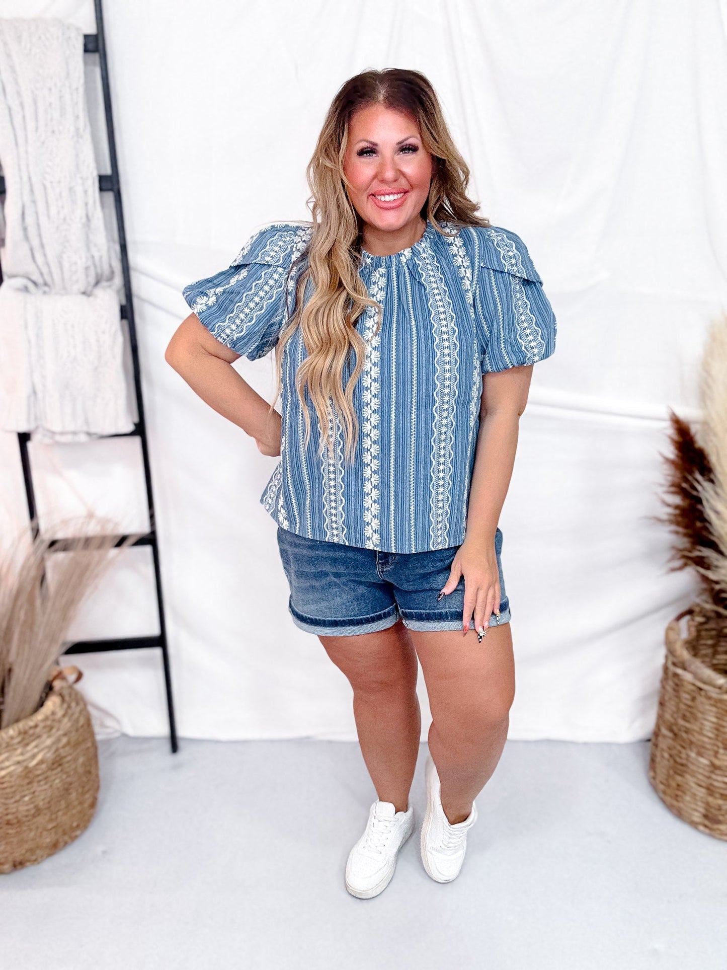 Emroidered Denim Double Layered Balloon Sleeves Blouse - Whiskey Skies - BIBI