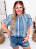 Emroidered Denim Double Layered Balloon Sleeves Blouse - Whiskey Skies - BIBI