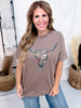 Espresso Brown Floral Cow Skull Graphic Tee - Whiskey Skies - GLAIME