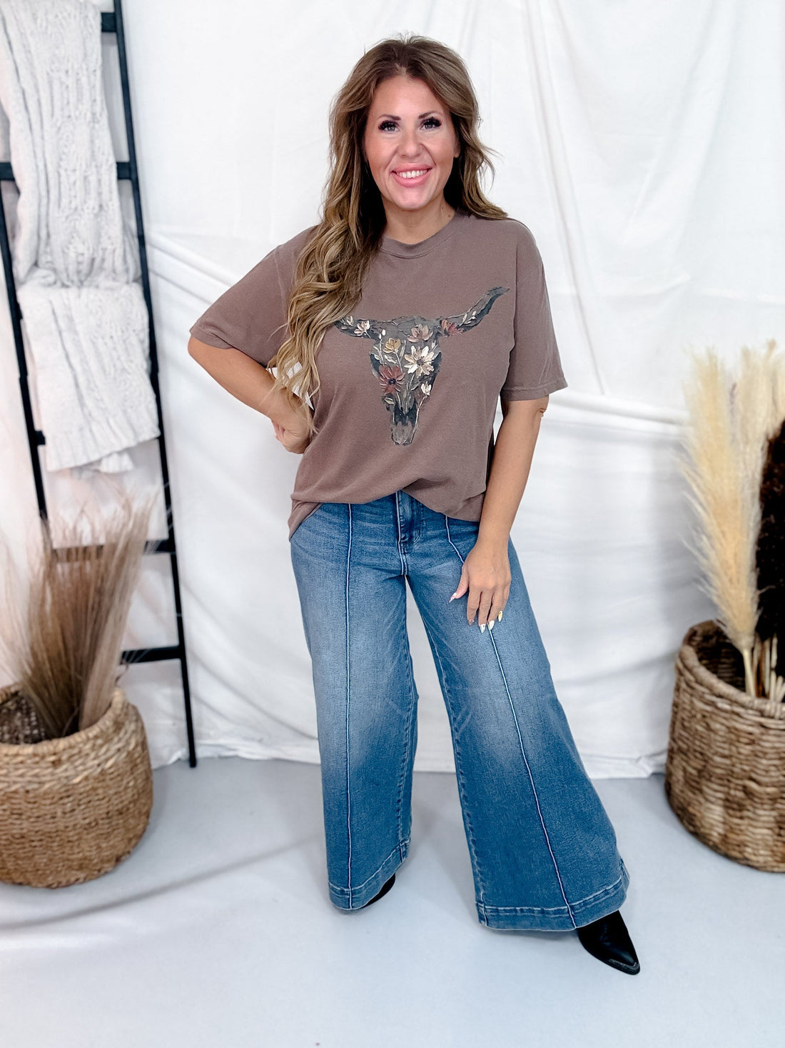 Espresso Brown Floral Cow Skull Graphic Tee - Whiskey Skies - GLAIME
