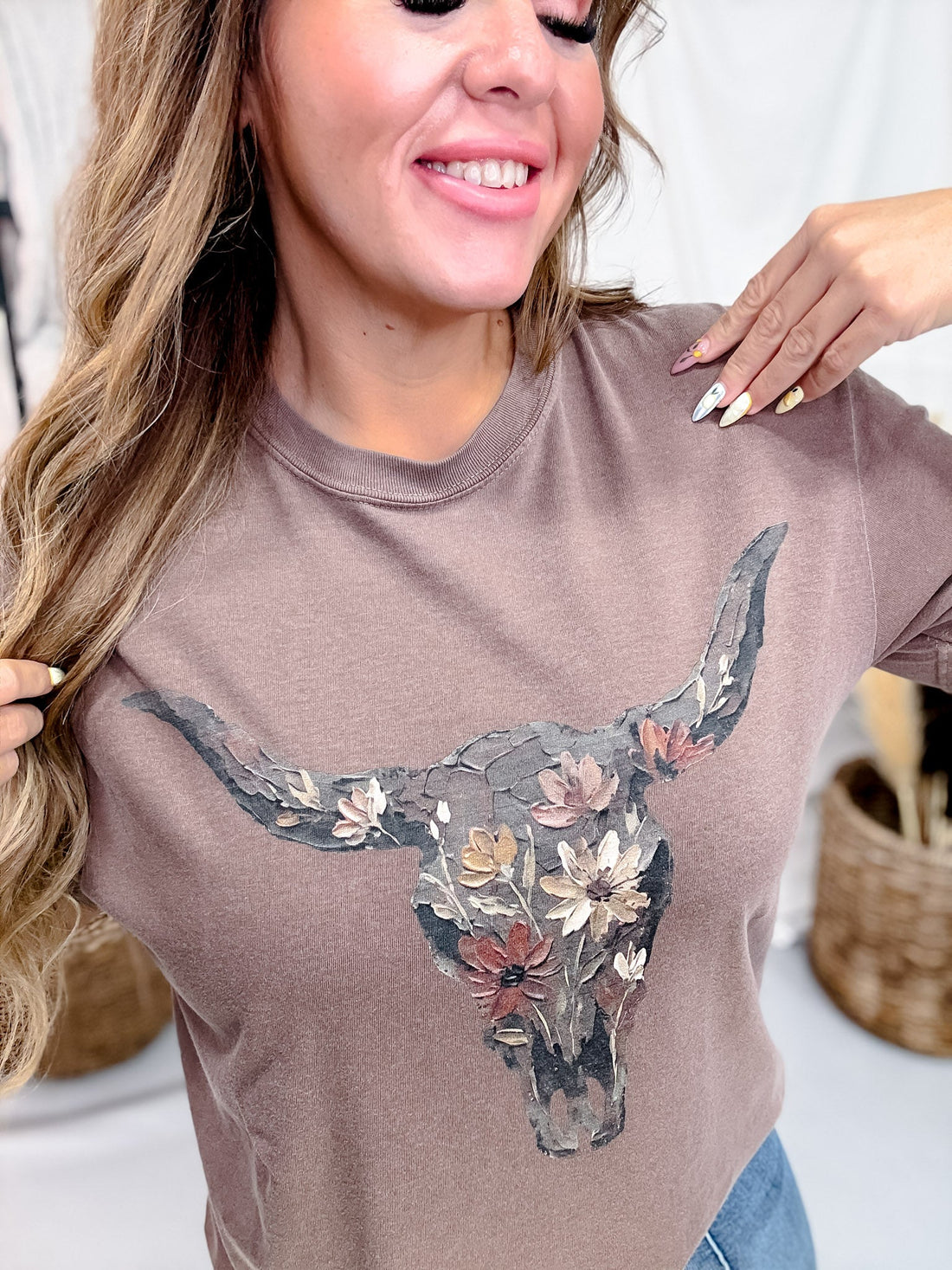 Espresso Brown Floral Cow Skull Graphic Tee - Whiskey Skies - GLAIME