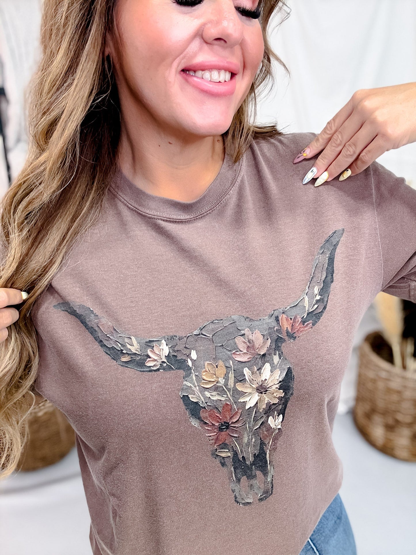 Espresso Brown Floral Cow Skull Graphic Tee - Whiskey Skies - GLAIME
