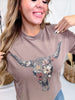 Espresso Brown Floral Cow Skull Graphic Tee - Whiskey Skies - GLAIME