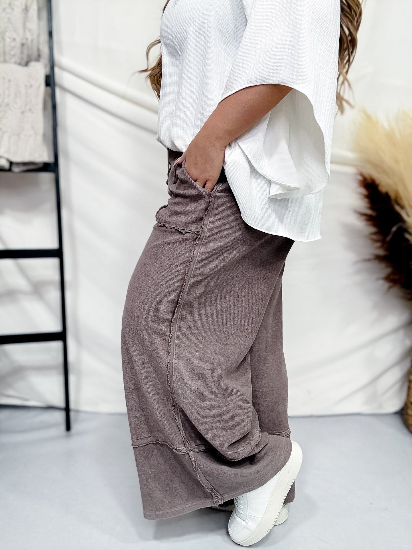 Espresso Brown Mineral Washed Terry Knit Palazzo Pants - Whiskey Skies - EASEL