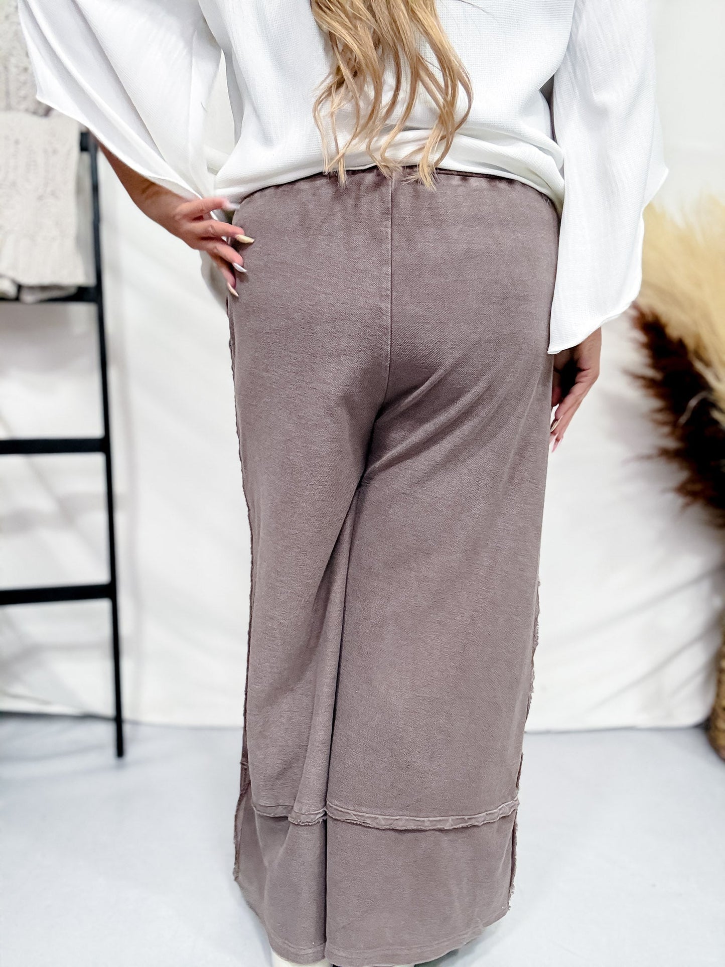 Espresso Brown Mineral Washed Terry Knit Palazzo Pants - Whiskey Skies - EASEL