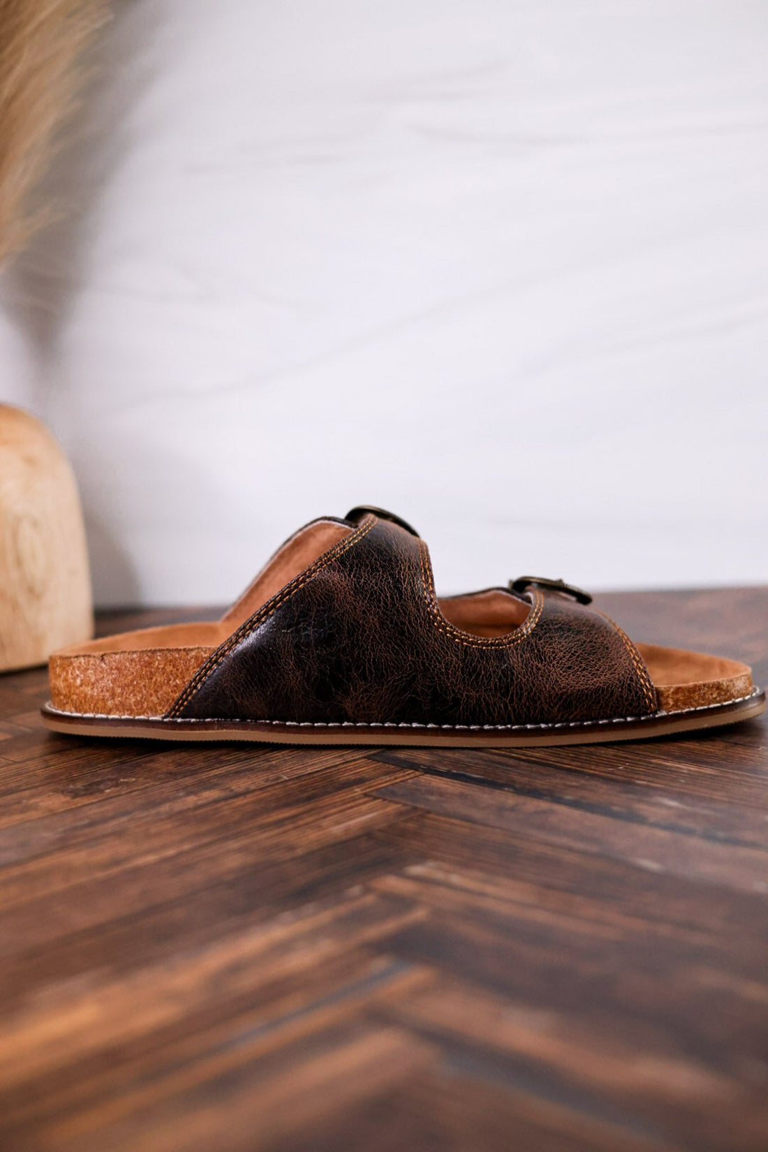 Espresso Crinkle Sandals With Engraved Buckles - Whiskey Skies - CORKYS FOOTWEAR