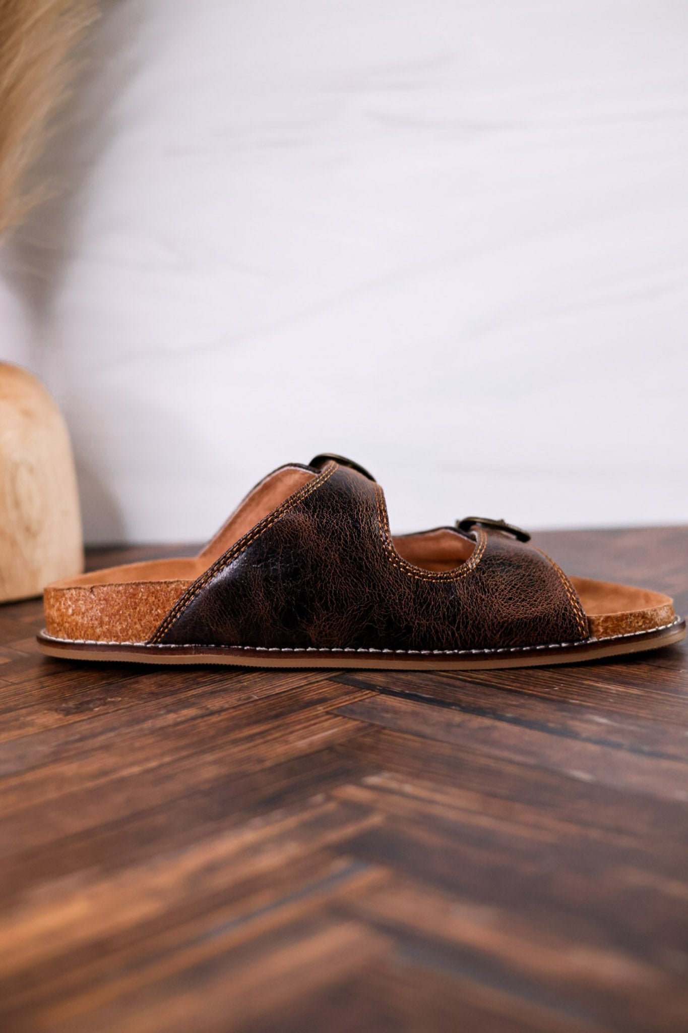Espresso Crinkle Sandals With Engraved Buckles - Whiskey Skies - CORKYS FOOTWEAR