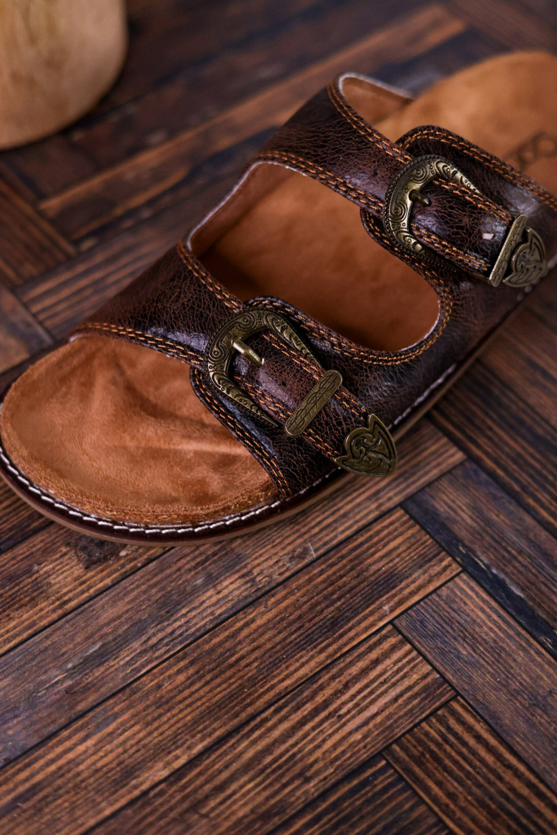 Espresso Crinkle Sandals With Engraved Buckles - Whiskey Skies - CORKYS FOOTWEAR