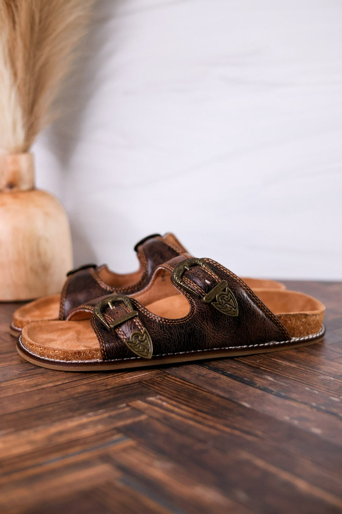 Espresso Crinkle Sandals With Engraved Buckles - Whiskey Skies - CORKYS FOOTWEAR