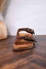 Espresso Crinkle Sandals With Engraved Buckles - Whiskey Skies - CORKYS FOOTWEAR