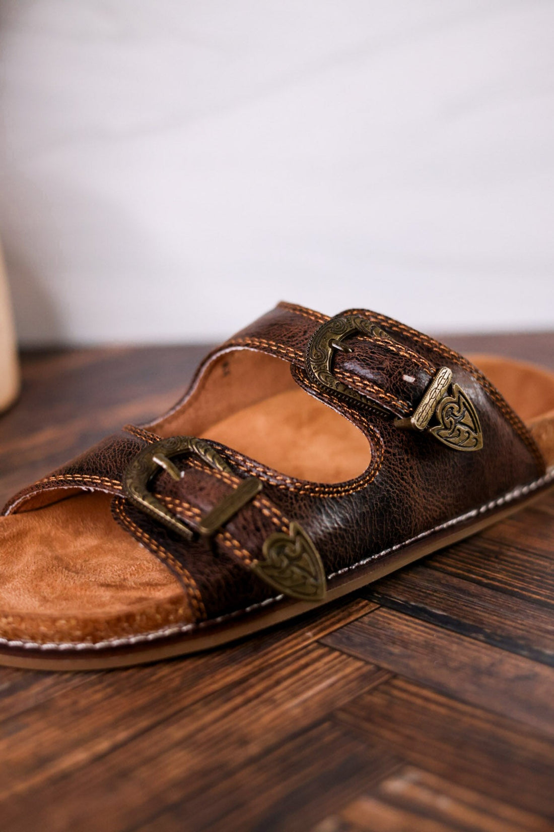 Espresso Crinkle Sandals With Engraved Buckles - Whiskey Skies - CORKYS FOOTWEAR