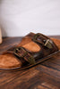 Espresso Crinkle Sandals With Engraved Buckles - Whiskey Skies - CORKYS FOOTWEAR