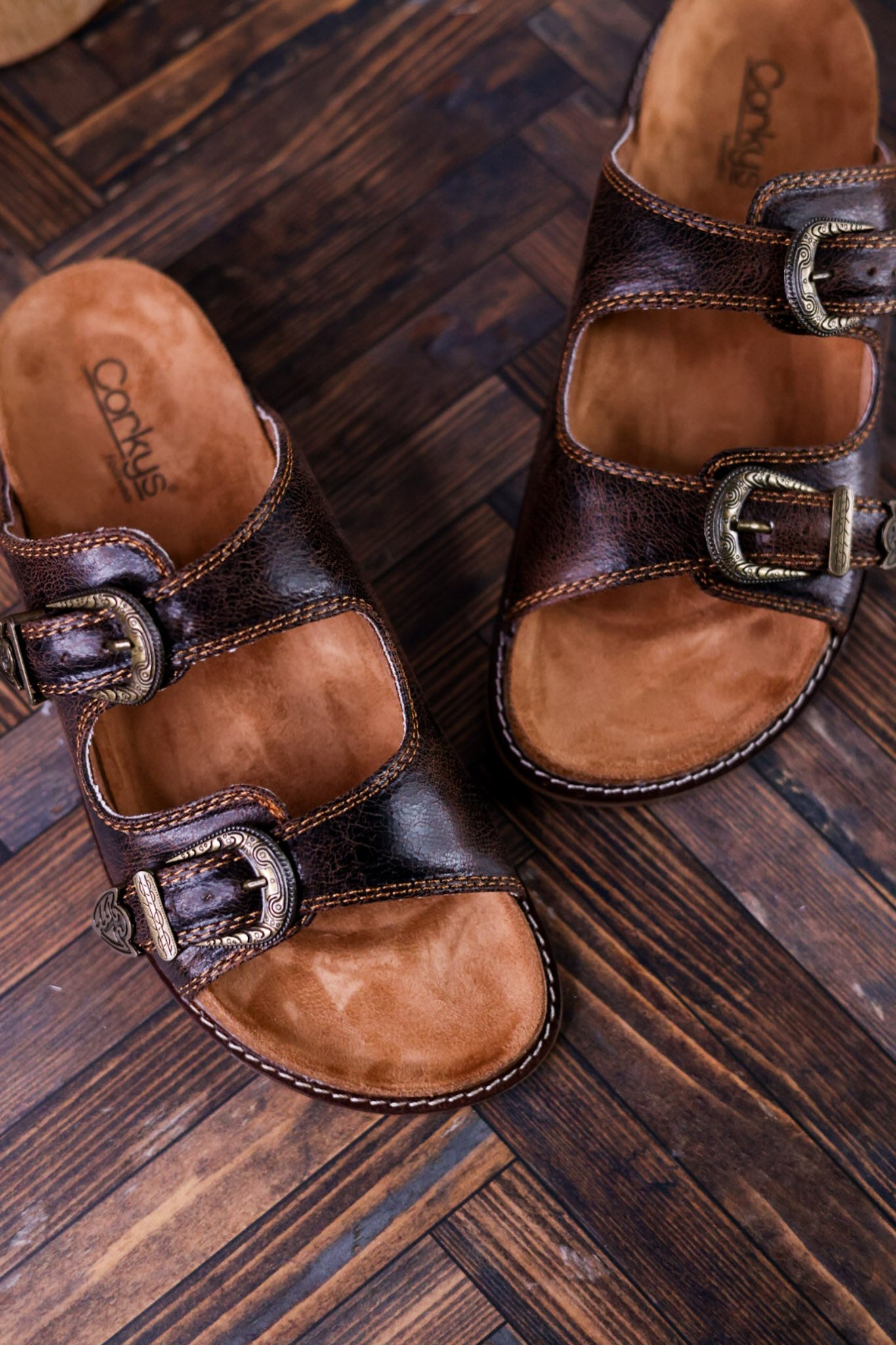 Espresso Crinkle Sandals With Engraved Buckles - Whiskey Skies - CORKYS FOOTWEAR
