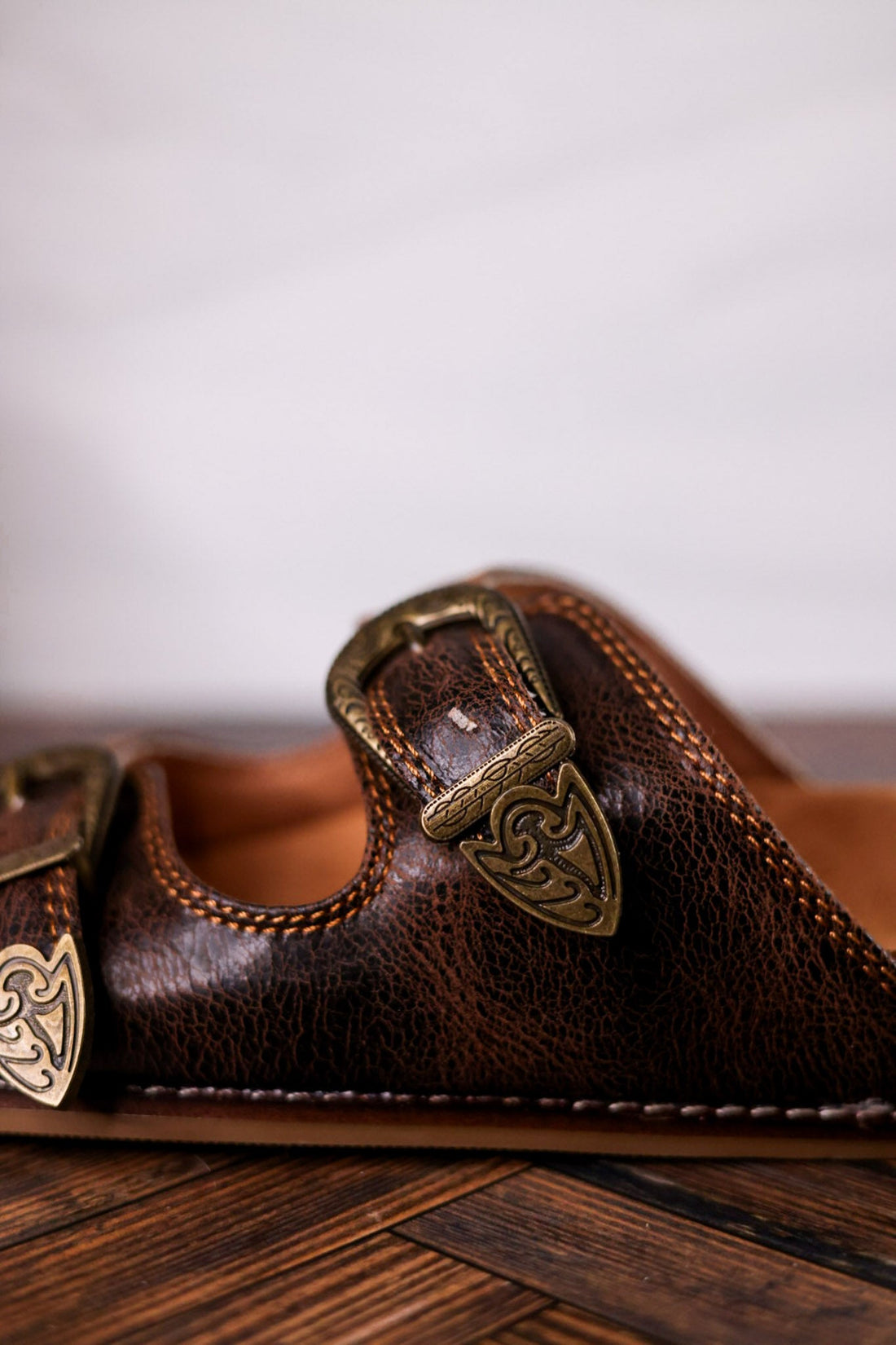 Espresso Crinkle Sandals With Engraved Buckles - Whiskey Skies - CORKYS FOOTWEAR