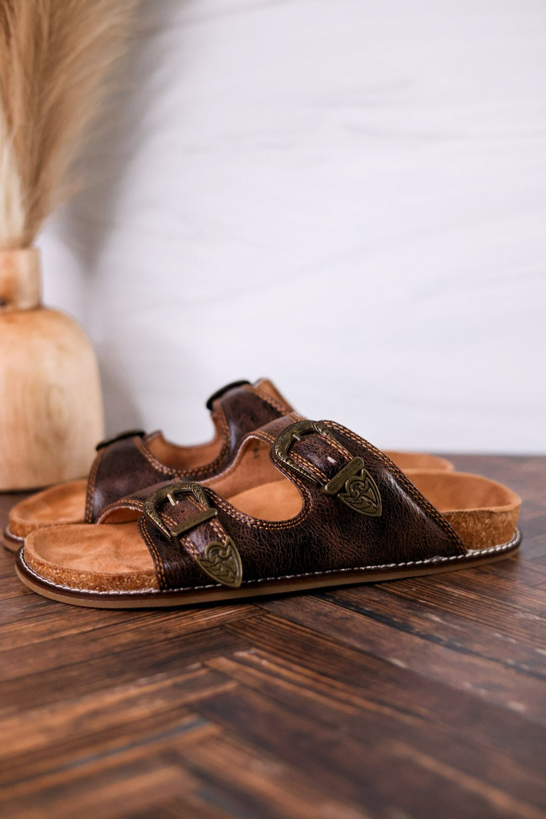Espresso Crinkle Sandals With Engraved Buckles - Whiskey Skies - CORKYS FOOTWEAR
