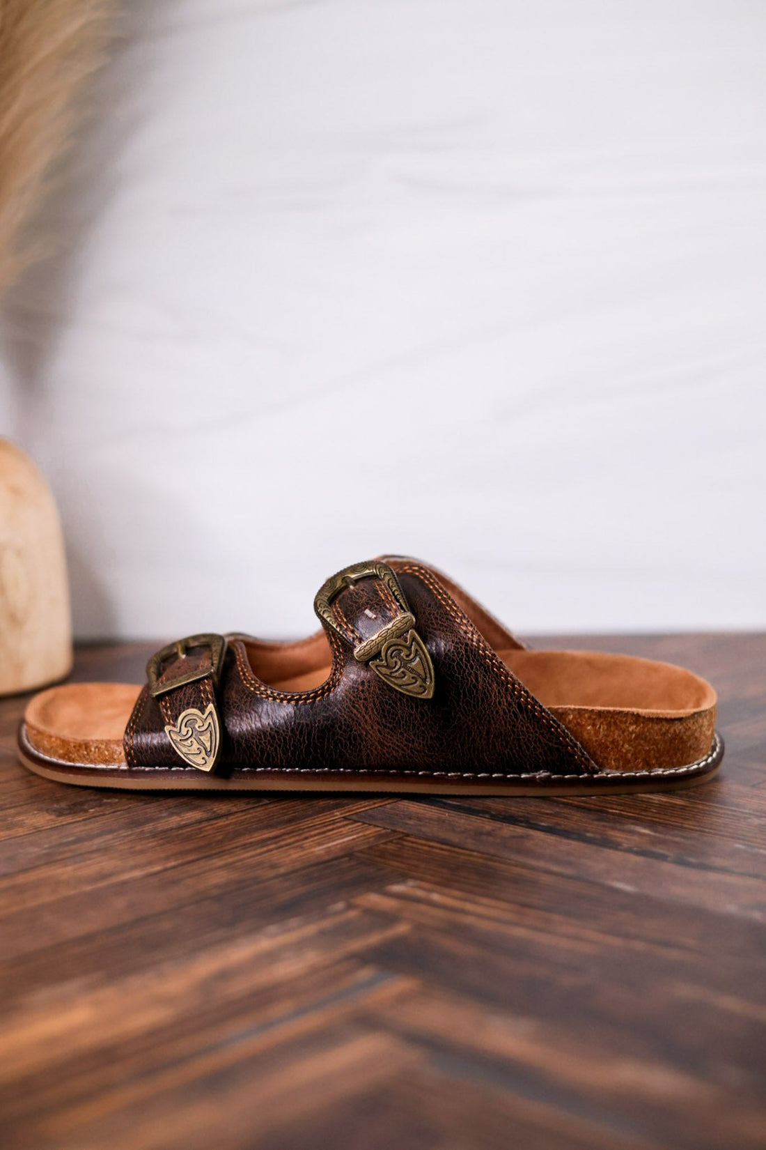 Espresso Crinkle Sandals With Engraved Buckles - Whiskey Skies - CORKYS FOOTWEAR