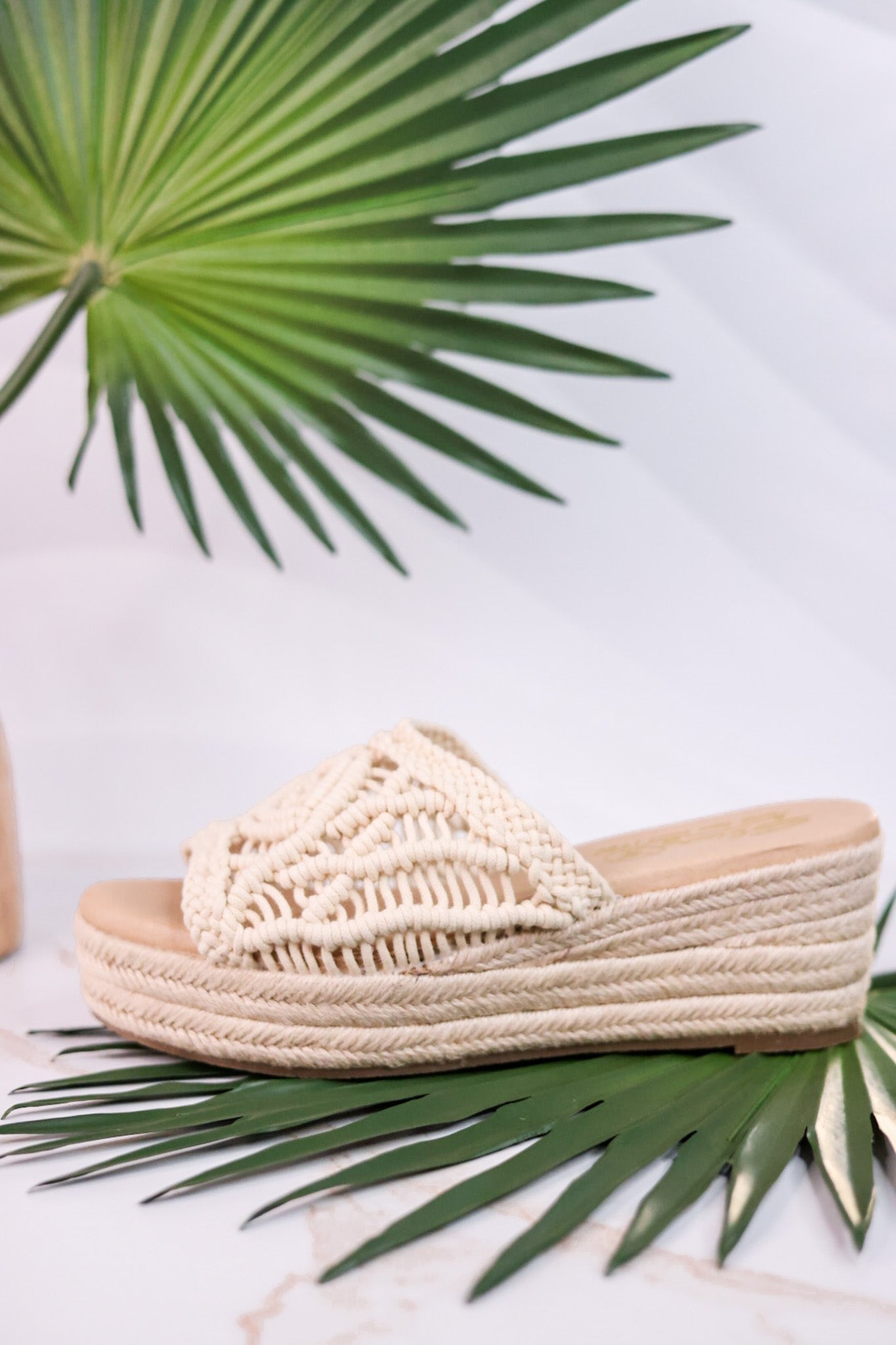 Eureka Ivory Macrame Slide Wedges - Whiskey Skies - VOLATILE