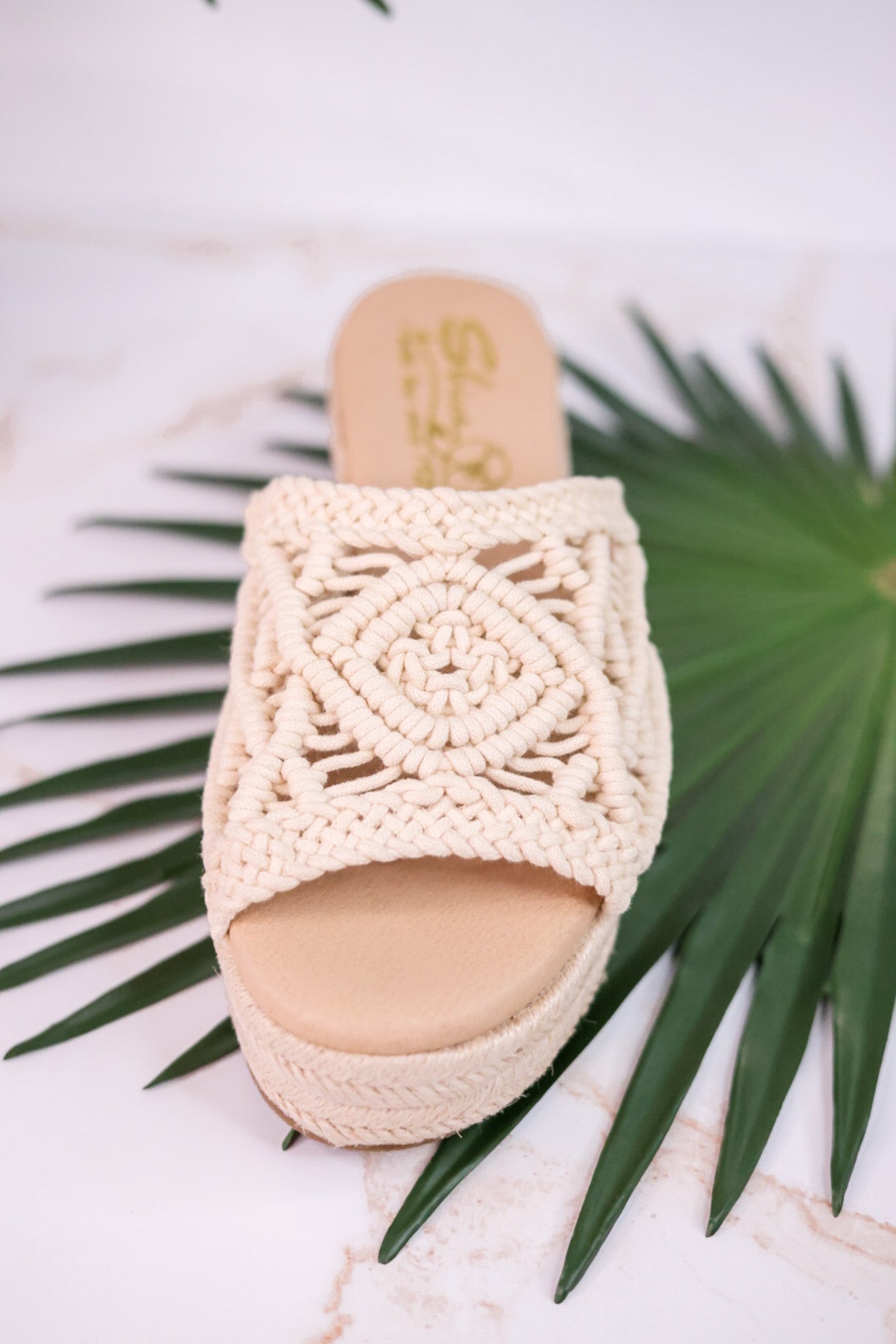 Eureka Ivory Macrame Slide Wedges - Whiskey Skies - VOLATILE
