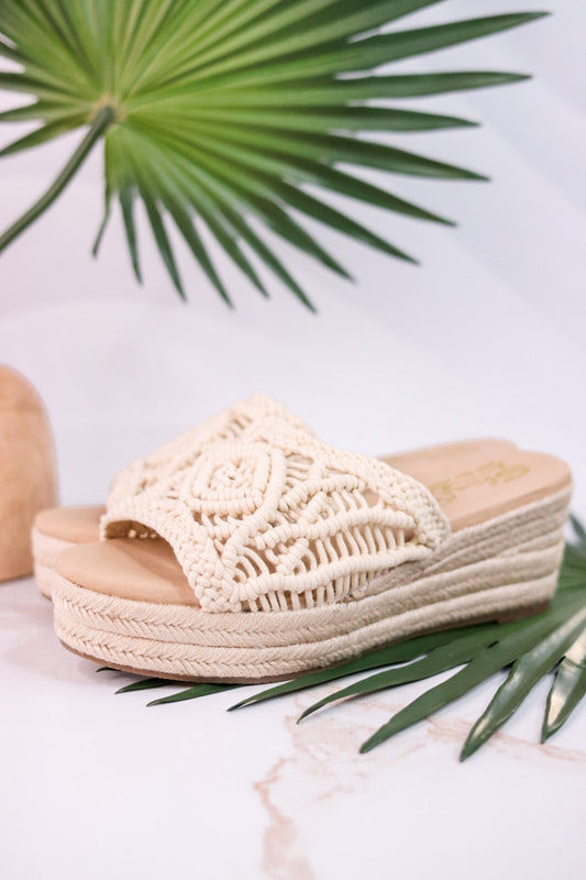 Eureka Ivory Macrame Slide Wedges - Whiskey Skies - VOLATILE