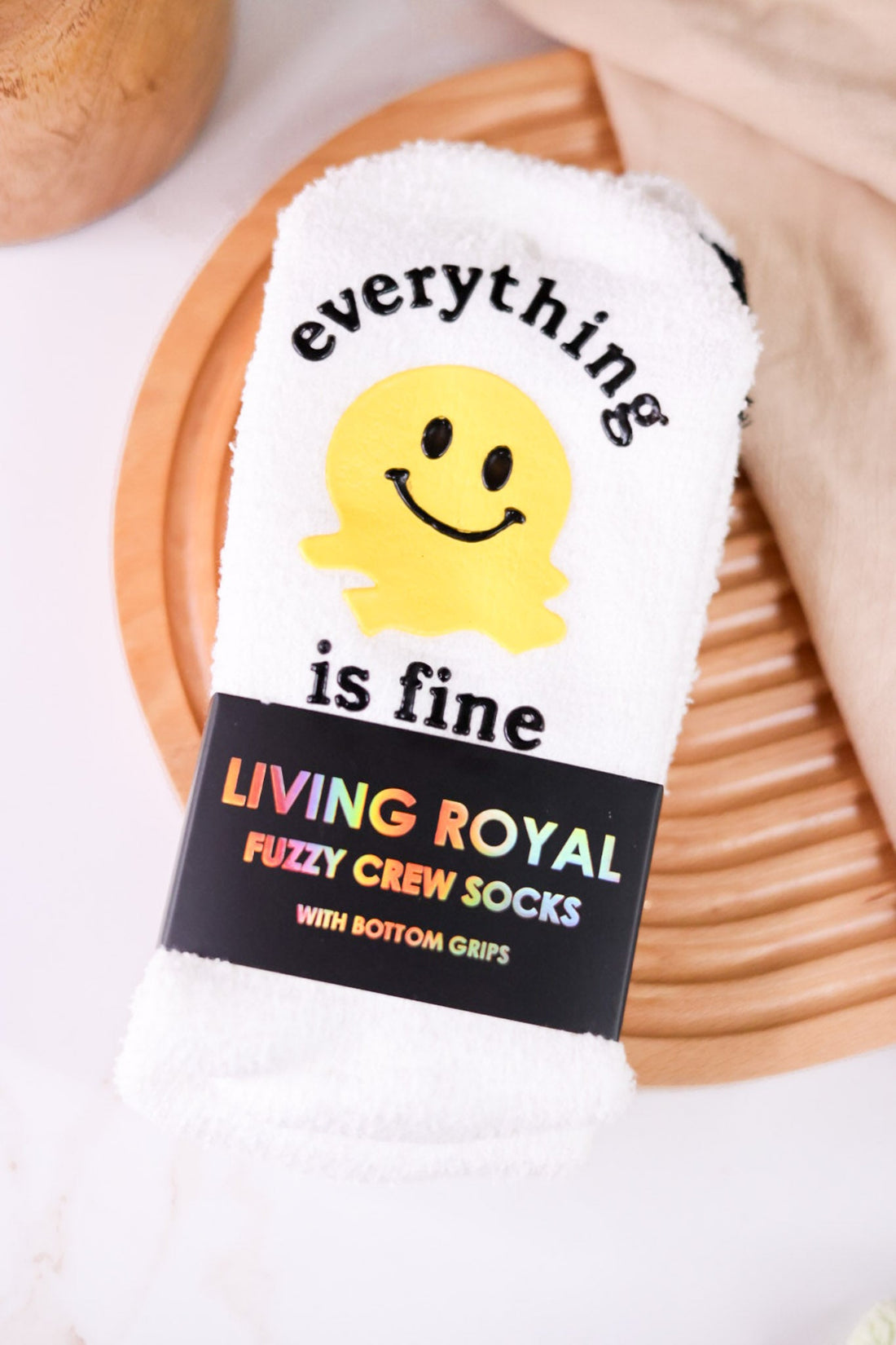 "Everything Is Fine" Fuzzy Crew Socks - Whiskey Skies - LIVING ROYAL
