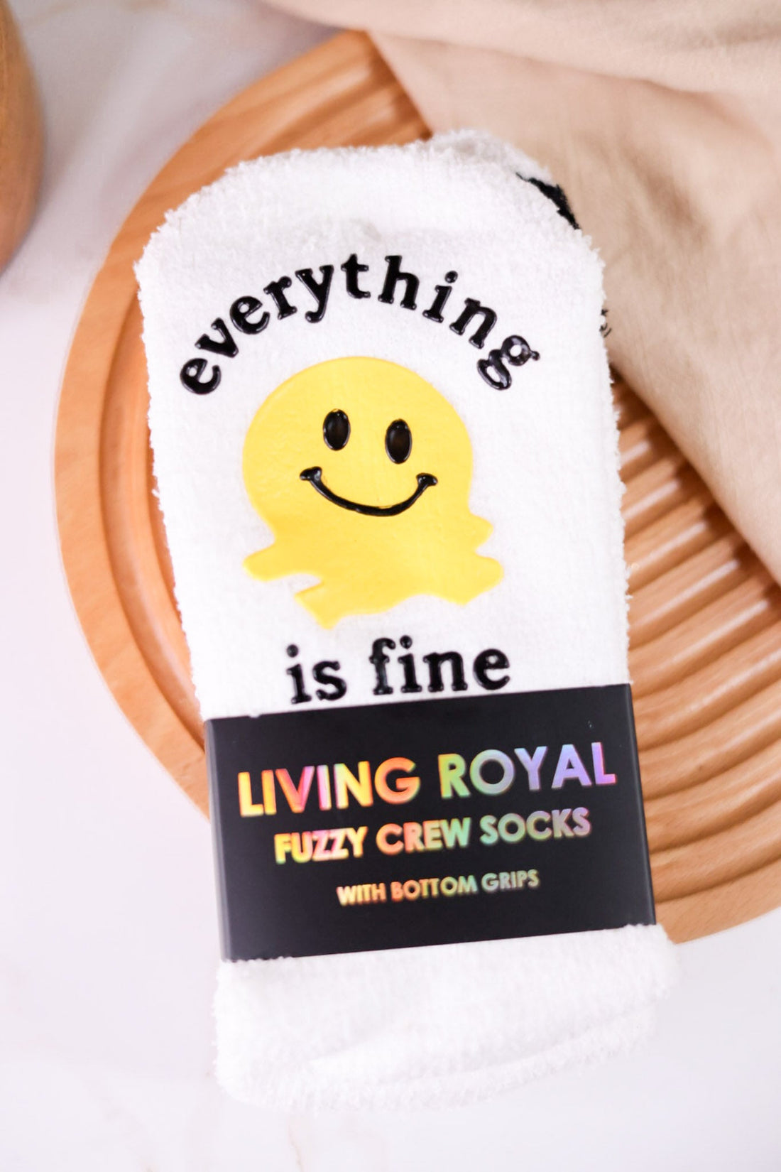 "Everything Is Fine" Fuzzy Crew Socks - Whiskey Skies - LIVING ROYAL