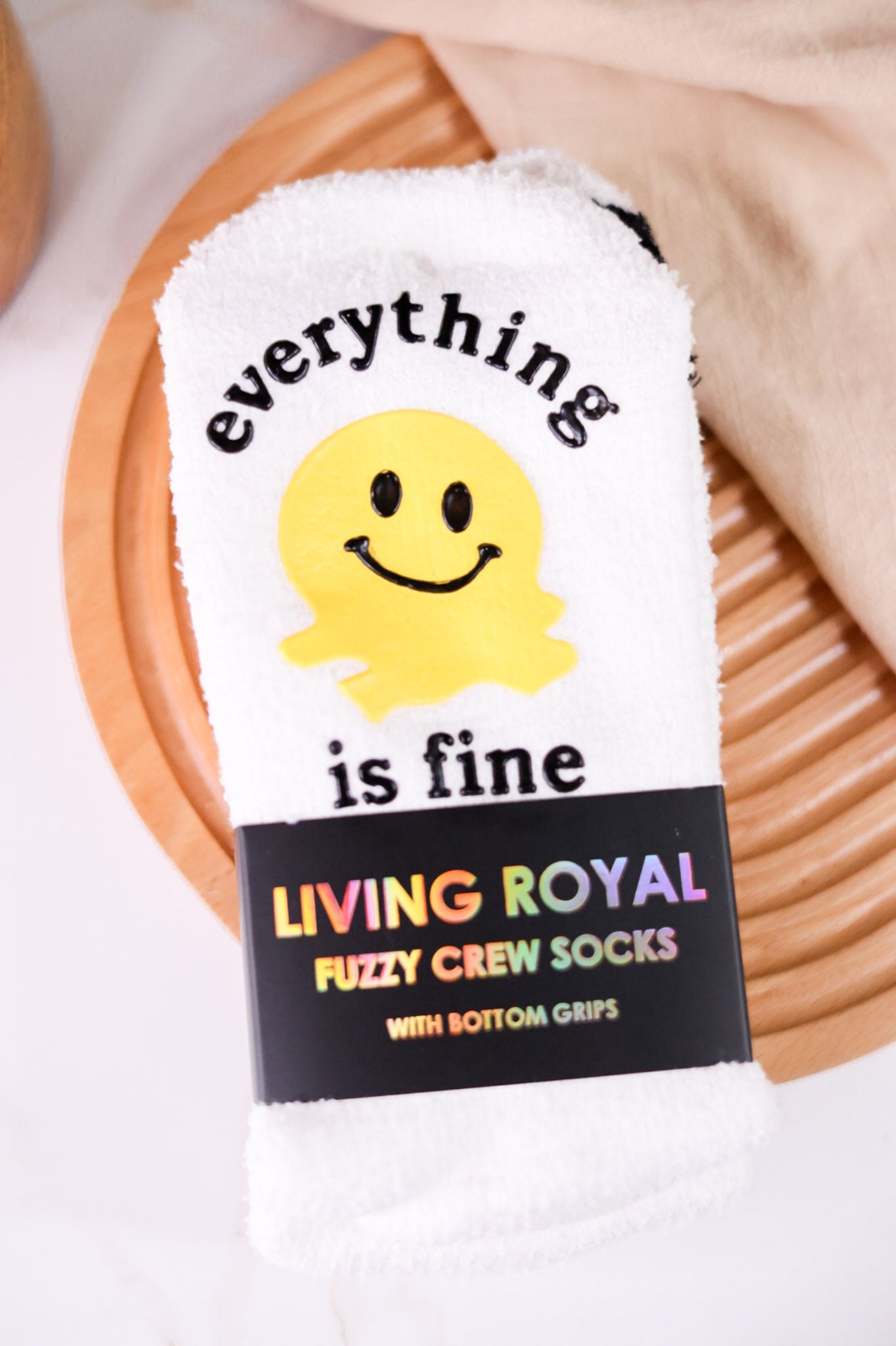 "Everything Is Fine" Fuzzy Crew Socks - Whiskey Skies - LIVING ROYAL