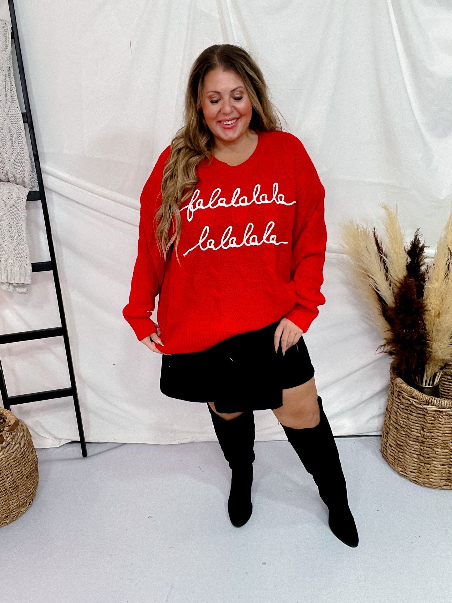 Falalalala Letter Embroidery Holiday Sweater - Whiskey Skies - AND THE WHY