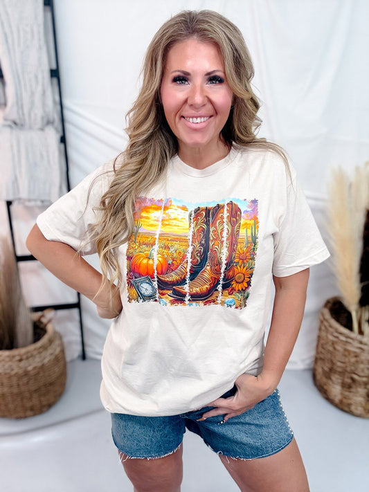 Fall Boots Short Sleeve Graphic Tee - Whiskey Skies - FESTIVITEES
