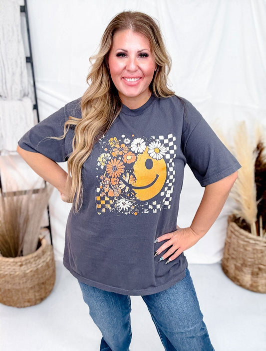 Fall Floral Smile Short Sleeve Graphic Tee - Whiskey Skies - JOCO INK GRAPHIC APPAREL