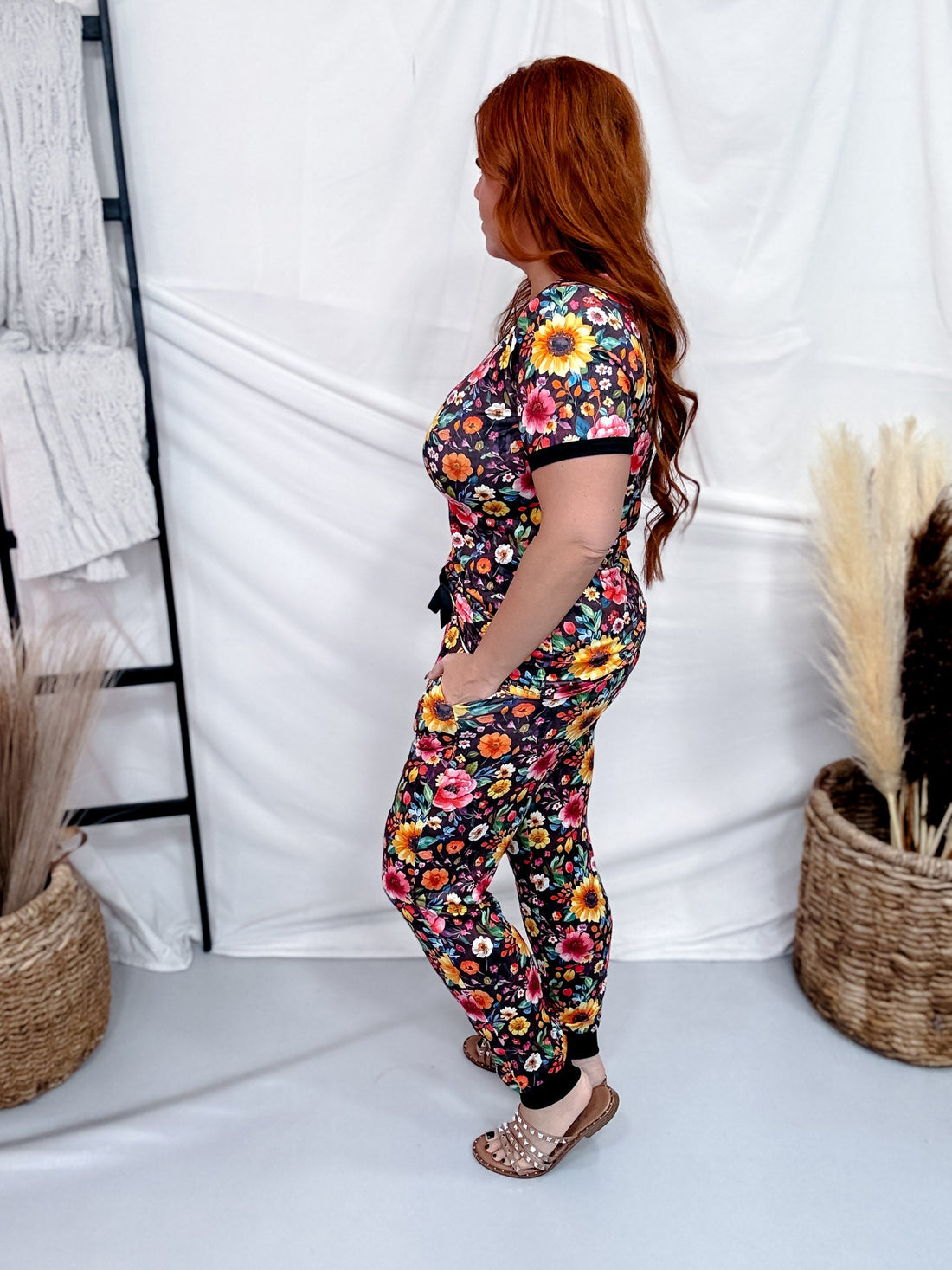 Fall Florals Short Sleeve Top & Joggers Loungewear Set - Whiskey Skies - SHIRLEY & STONE