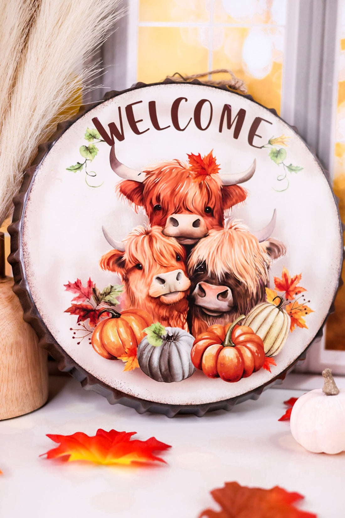 Fall Themed Highland Cow Bottle Cap Sign (3 Styles) - Whiskey Skies - SPECIAL T IMPORTS INC