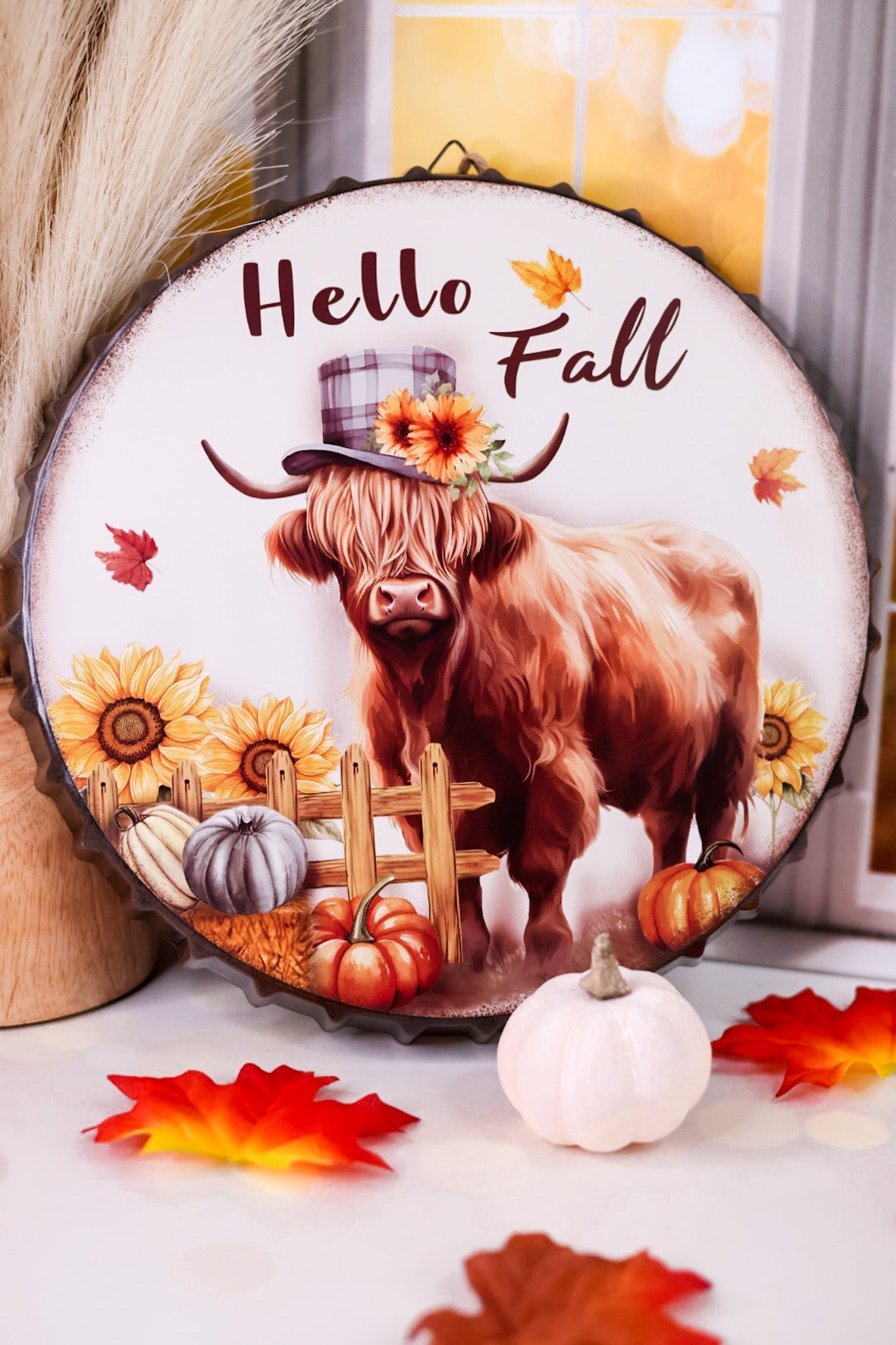 Fall Themed Highland Cow Bottle Cap Sign (3 Styles) - Whiskey Skies - SPECIAL T IMPORTS INC