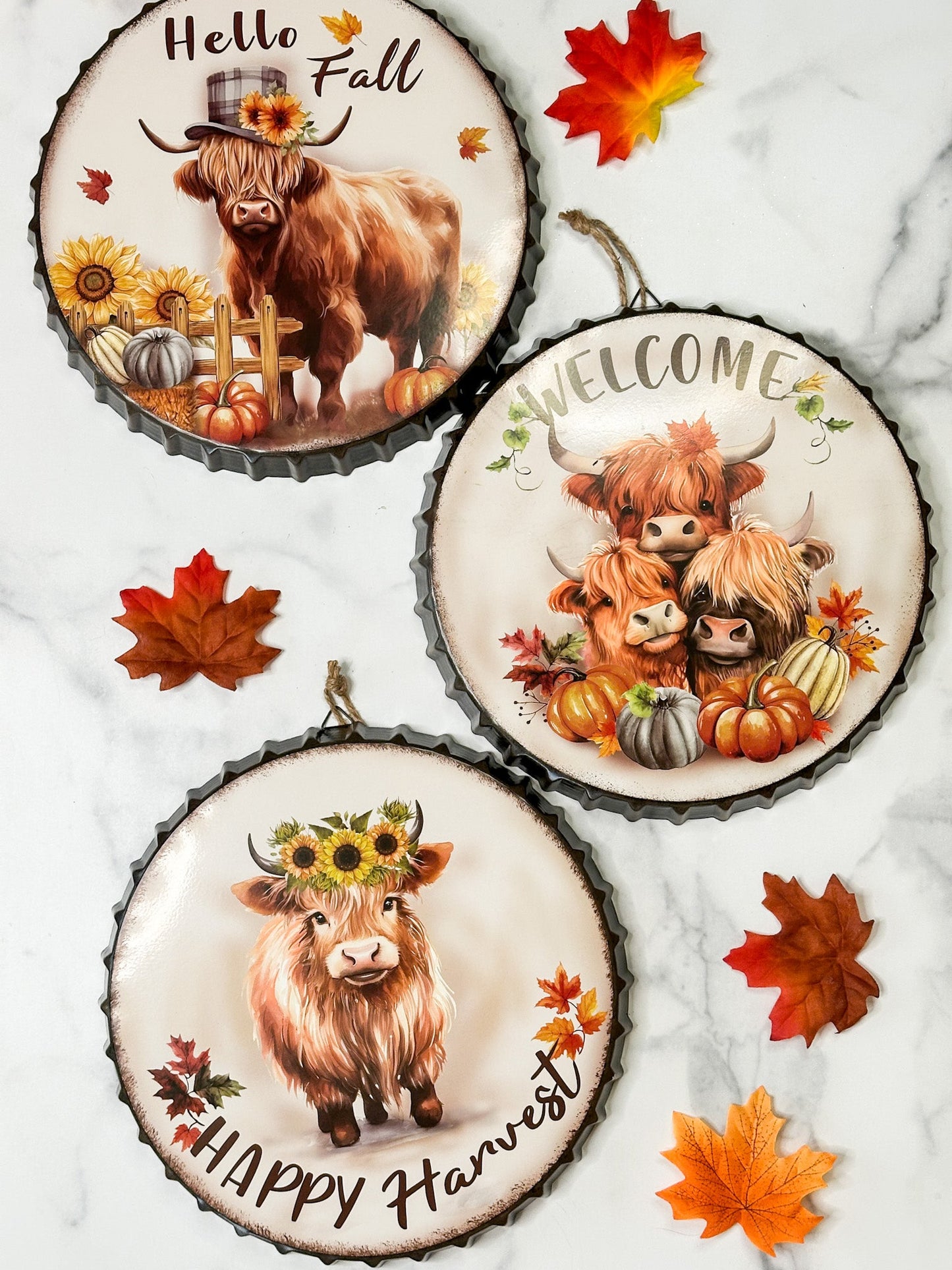 Fall Themed Highland Cow Bottle Cap Sign (3 Styles) - Whiskey Skies - SPECIAL T IMPORTS INC