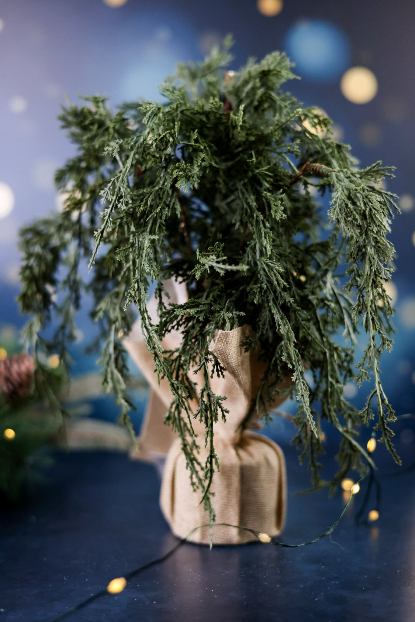 Faux Dark Green Juniper Burlap Sack Tree - Whiskey Skies - WT COLLECTION