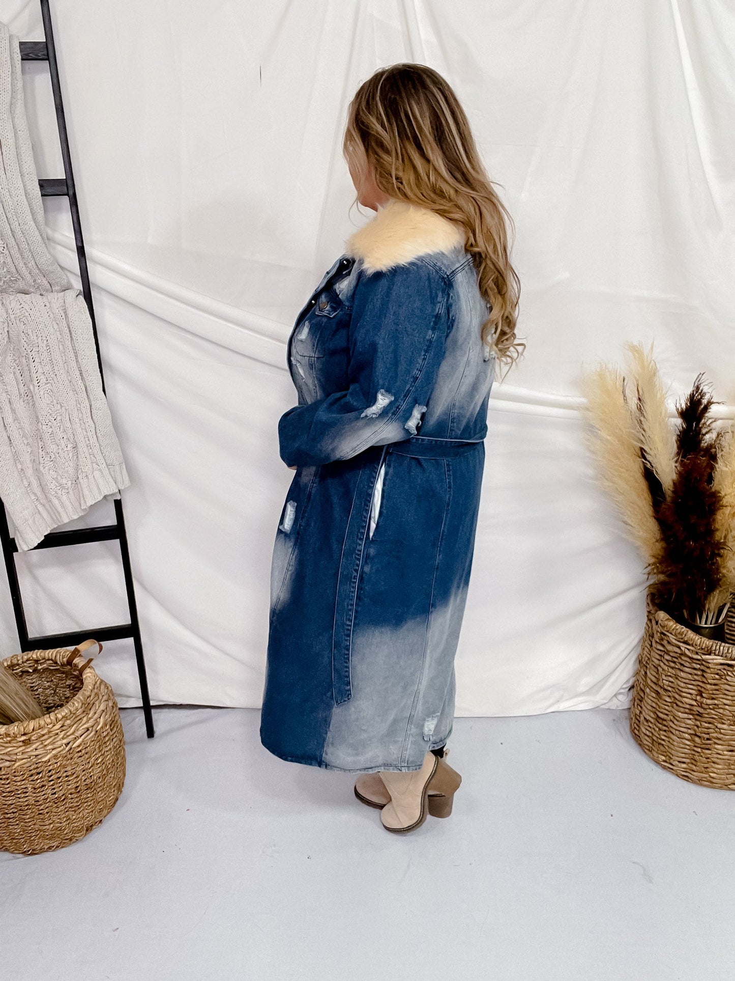 Faux Fur Collar Coat Style denim Midi Length Dress - Whiskey Skies - DAVI & DANI