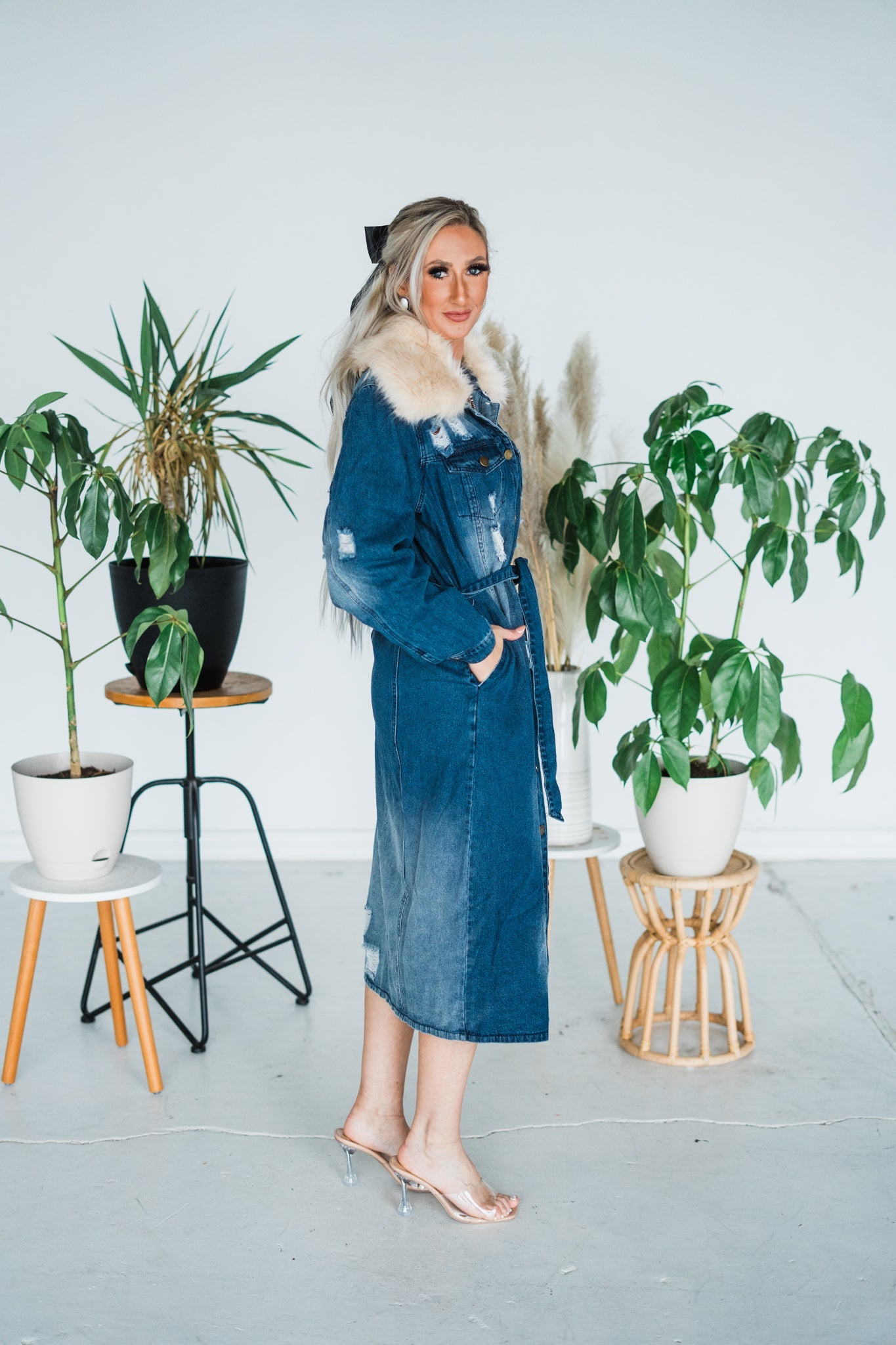 Faux Fur Collar Coat Style denim Midi Length Dress - Whiskey Skies - DAVI & DANI