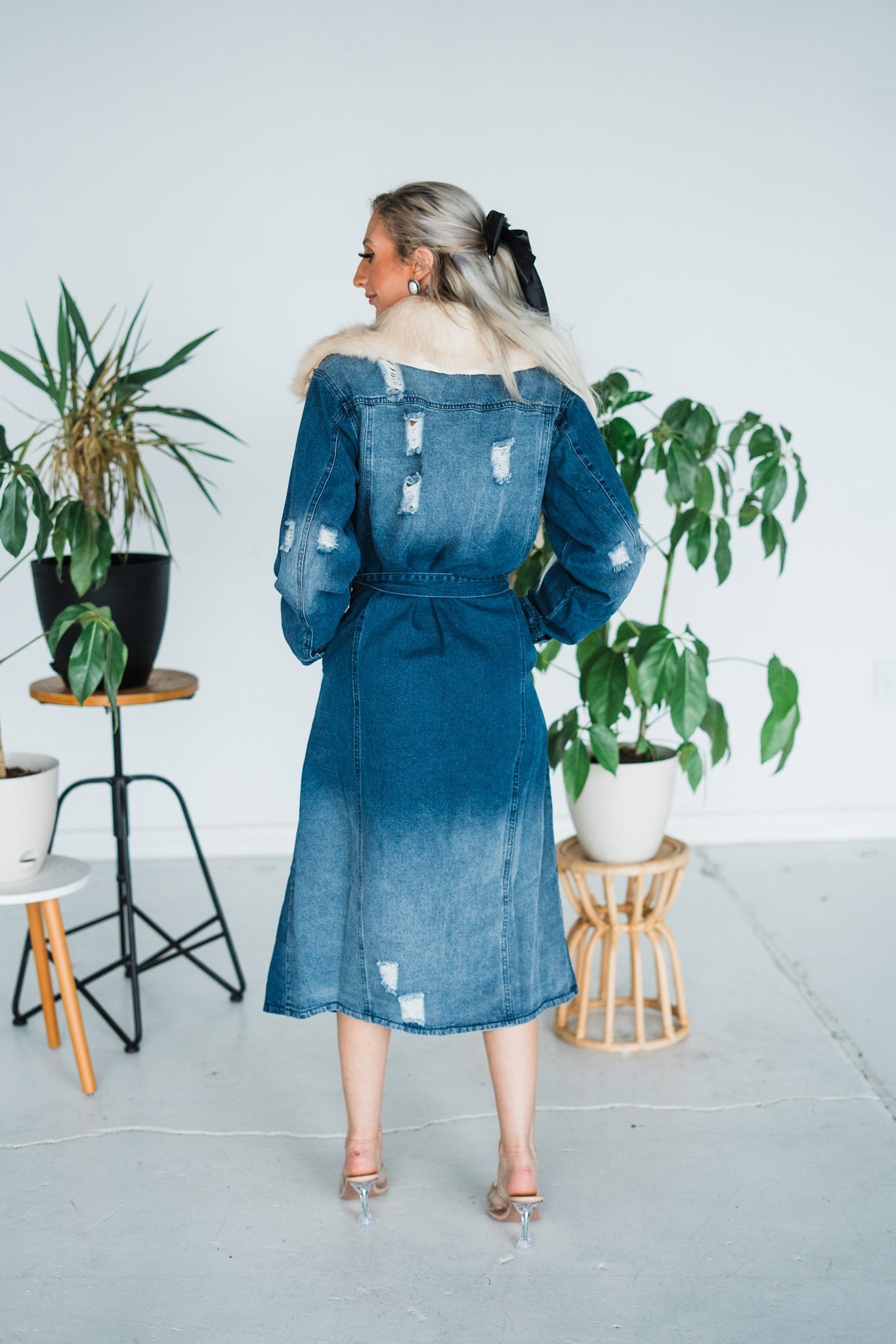 Faux Fur Collar Coat Style denim Midi Length Dress - Whiskey Skies - DAVI & DANI