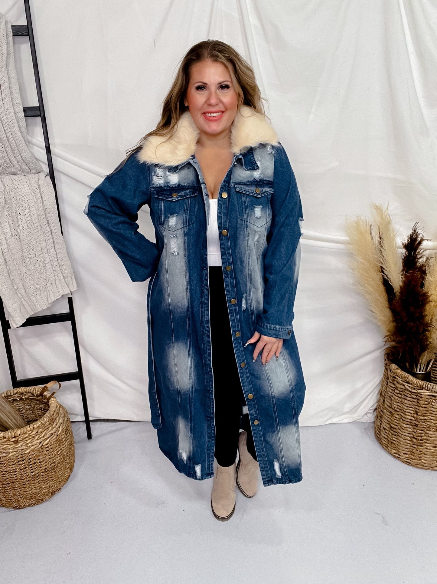 Faux Fur Collar Coat Style denim Midi Length Dress - Whiskey Skies - DAVI & DANI