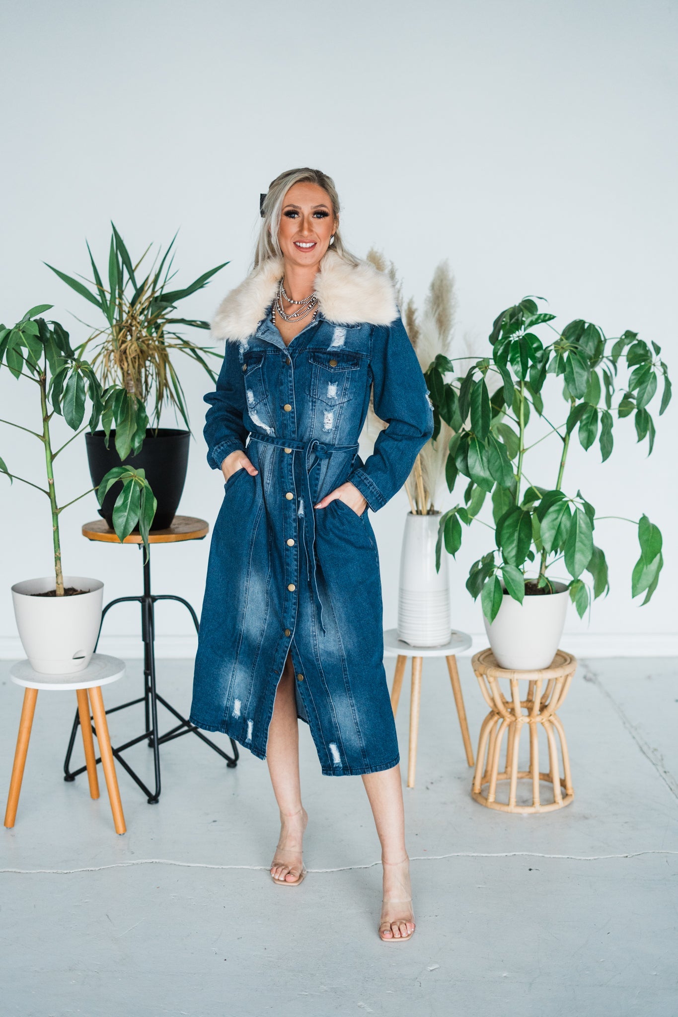 Faux Fur Collar Coat Style denim Midi Length Dress - Whiskey Skies - DAVI & DANI