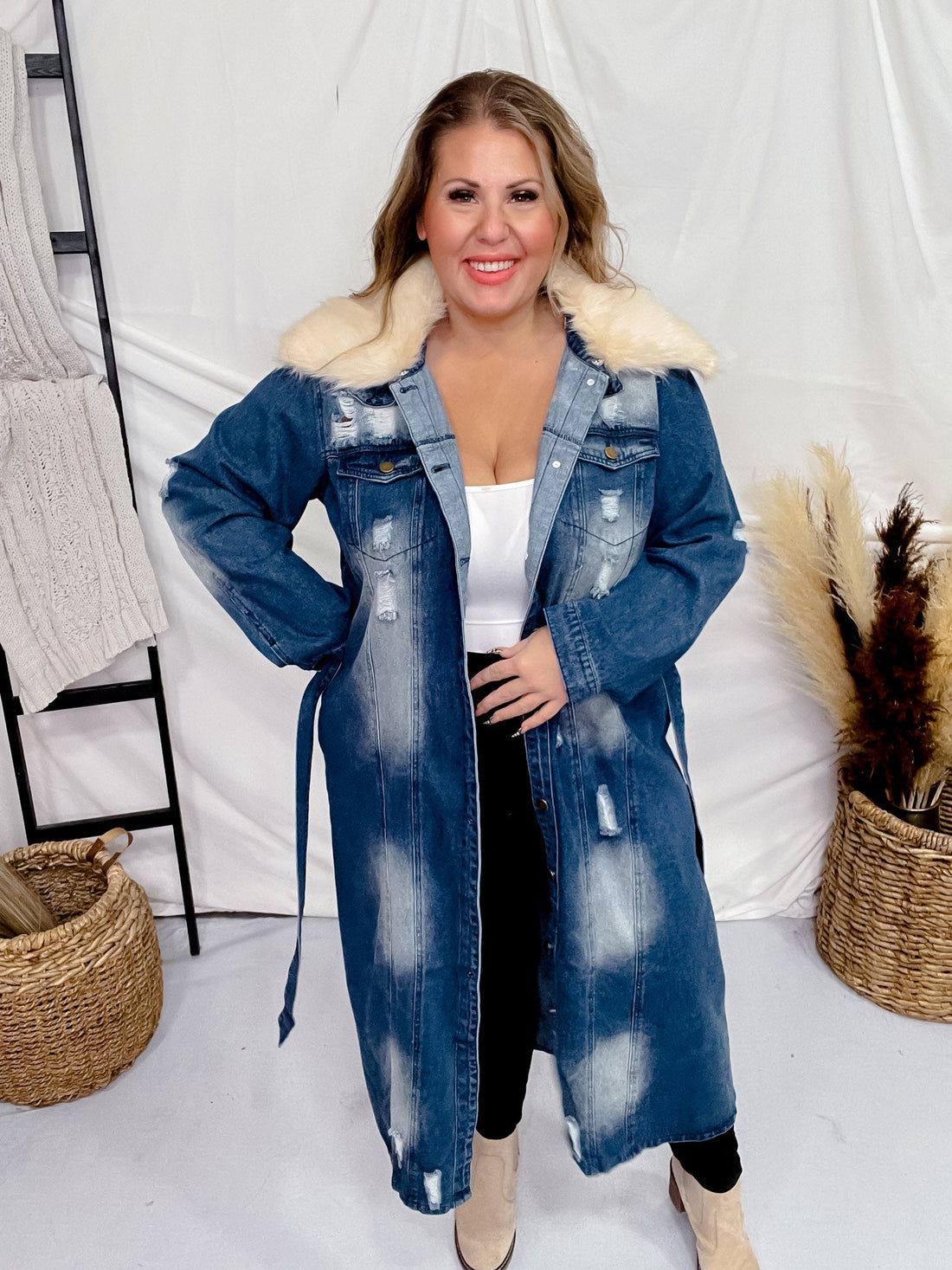 Faux Fur Collar Coat Style denim Midi Length Dress - Whiskey Skies - DAVI & DANI