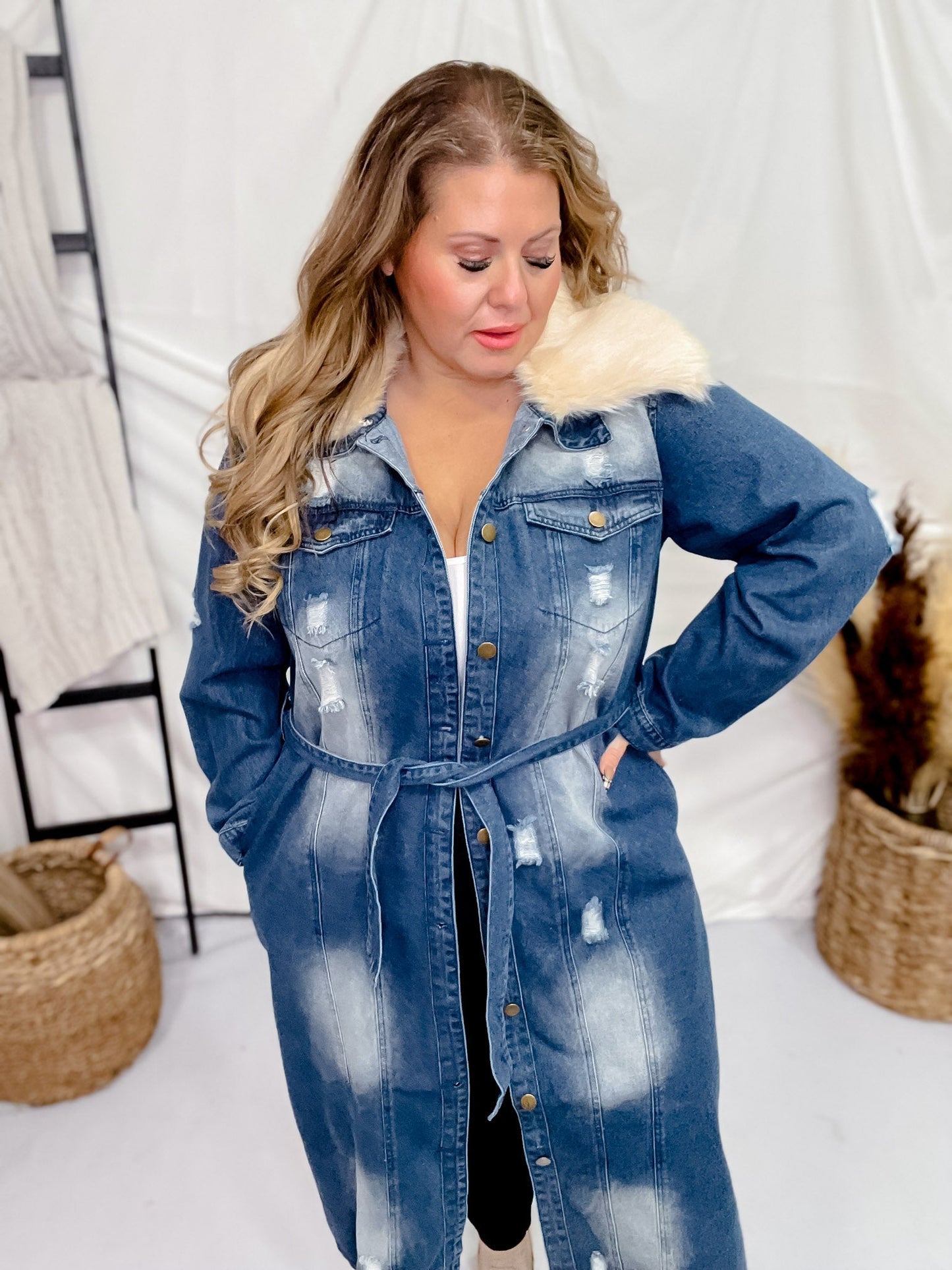 Faux Fur Collar Coat Style denim Midi Length Dress - Whiskey Skies - DAVI & DANI