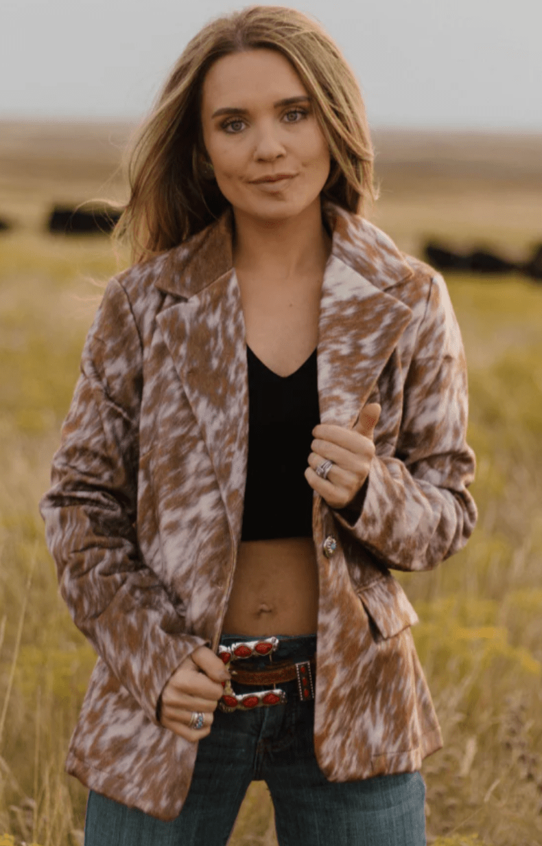 Faux Fur Cow Print Blazer With Turquoise Concho Buttons - Whiskey Skies - STERLING KREEK