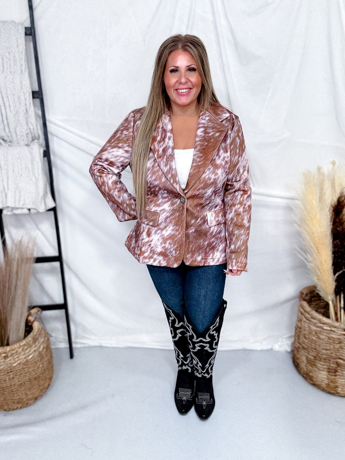 Faux Fur Cow Print Blazer With Turquoise Concho Buttons - Whiskey Skies - STERLING KREEK
